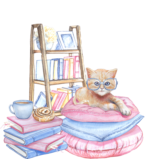 Kitten on pillows surrounded by books reading cozy mysteries